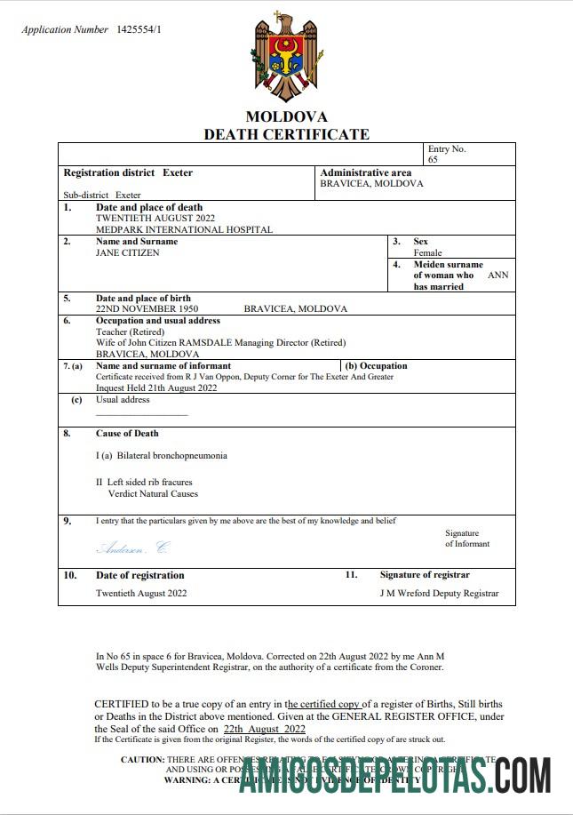Realista modelo Word e PDF de certidão de óbito da Moldávia